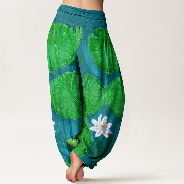 Pantalones bombachos de mujer de algodón informal con estampado de hojas de loto verdes y flores blancas de Buddha Stones - image 5