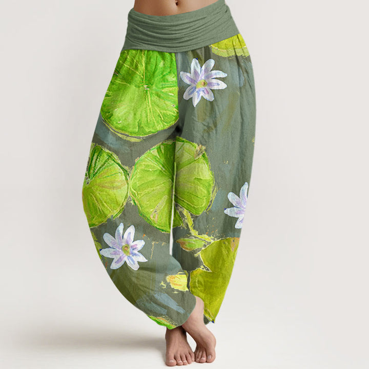 Pantalones bombachos de mujer de algodón informal con estampado de hojas de loto verdes y flores blancas de Buddha Stones - Verde mar oscuro - US22，UK/AU26，EU54 (6XL) - image 7