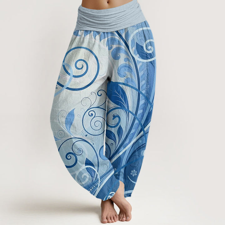 Pantalones tipo harem de algodón con estampado floral informal de Buddha Stones para mujer - Celeste - US22，UK/AU26，EU54 (6XL) - image 4