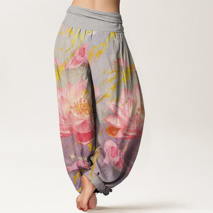 Pantalones tipo harem para mujer, de algodón, estilo casual, con estampado de flores de loto y peces koi , con Buddha Stones. - image 1