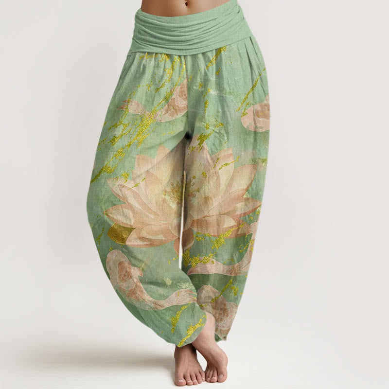 Pantalones tipo harem para mujer, de algodón, estilo casual, con estampado de flores de loto y peces koi , con Buddha Stones. - Verde claro - US22，UK/AU26，EU54 (6XL) - image 4