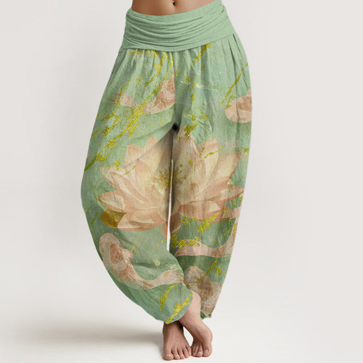 Pantalones tipo harem para mujer, de algodón, estilo casual, con estampado de flores de loto y peces koi , con Buddha Stones. - Verde claro - US22，UK/AU26，EU54 (6XL) - image 4