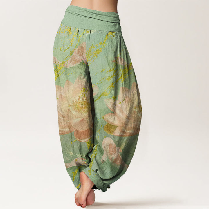 Pantalones tipo harem para mujer, de algodón, estilo casual, con estampado de flores de loto y peces koi , con Buddha Stones. - image 5