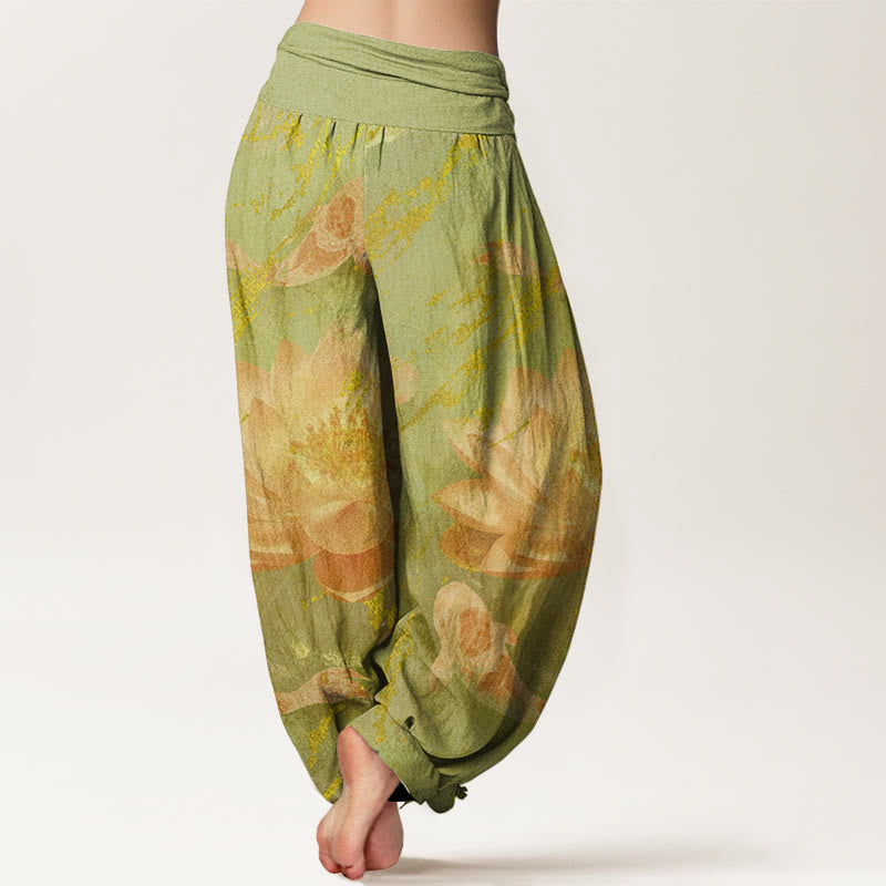 Pantalones tipo harem para mujer, de algodón, estilo casual, con estampado de flores de loto y peces koi , con Buddha Stones. - image 8