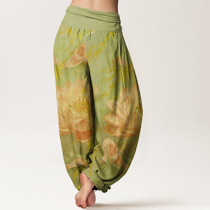 Pantalones tipo harem para mujer, de algodón, estilo casual, con estampado de flores de loto y peces koi , con Buddha Stones. - image 8