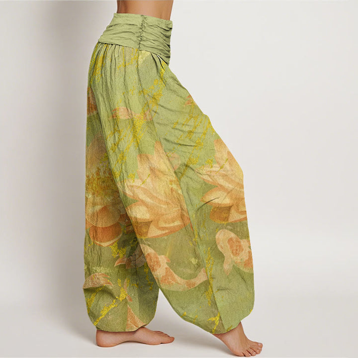 Pantalones tipo harem para mujer, de algodón, estilo casual, con estampado de flores de loto y peces koi , con Buddha Stones. - image 9
