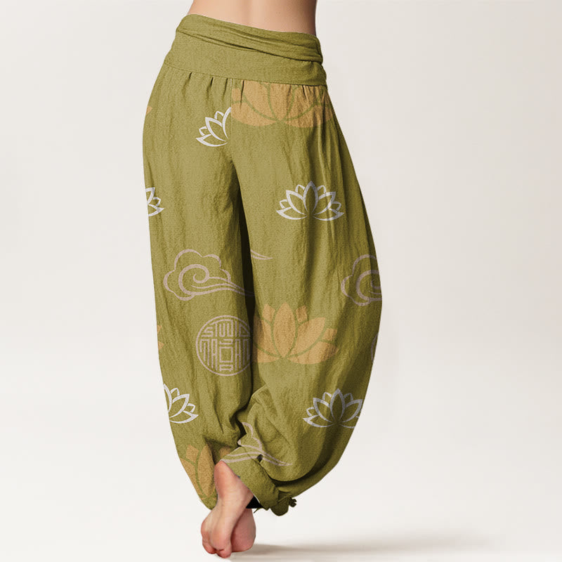 Pantalones tipo harem para mujer, de Buddha Stones , estilo informal, con estampado de flores de loto, farolillos y nubes. - image 1