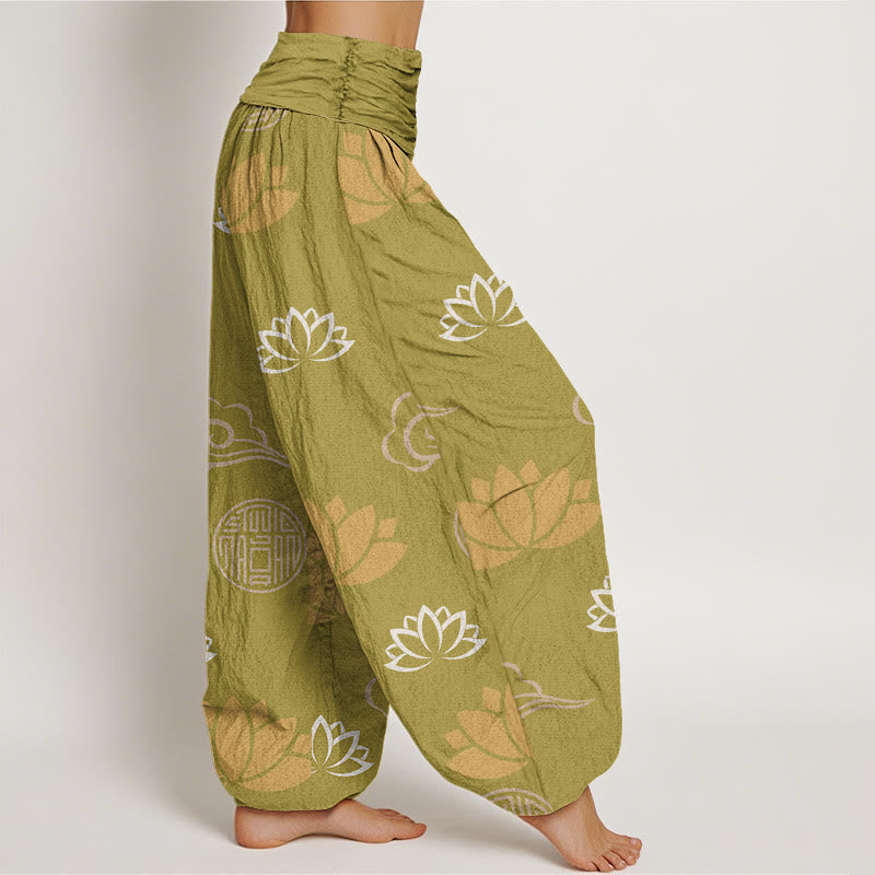 Pantalones tipo harem para mujer, de Buddha Stones , estilo informal, con estampado de flores de loto, farolillos y nubes. - image 2
