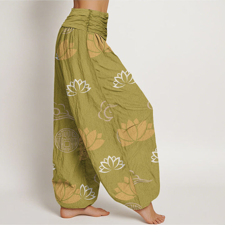 Pantalones tipo harem para mujer, de Buddha Stones , estilo informal, con estampado de flores de loto, farolillos y nubes. - image 2