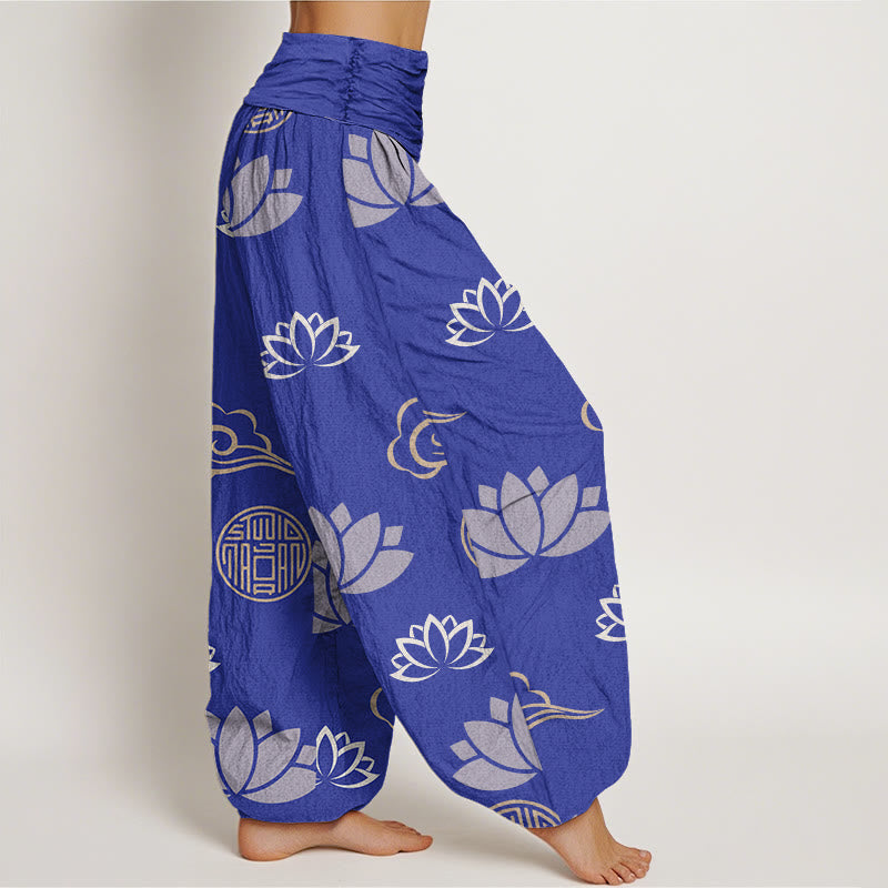 Pantalones tipo harem para mujer, de Buddha Stones , estilo informal, con estampado de flores de loto, farolillos y nubes. - image 6