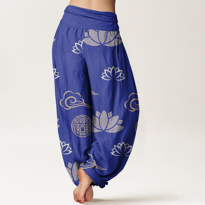 Pantalones tipo harem para mujer, de Buddha Stones , estilo informal, con estampado de flores de loto, farolillos y nubes. - image 5