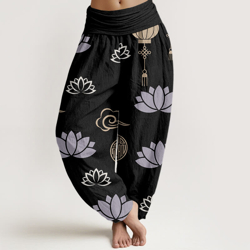 Pantalones tipo harem para mujer, de Buddha Stones , estilo informal, con estampado de flores de loto, farolillos y nubes. - Negro - US22，UK/AU26，EU54 (6XL) - image 7