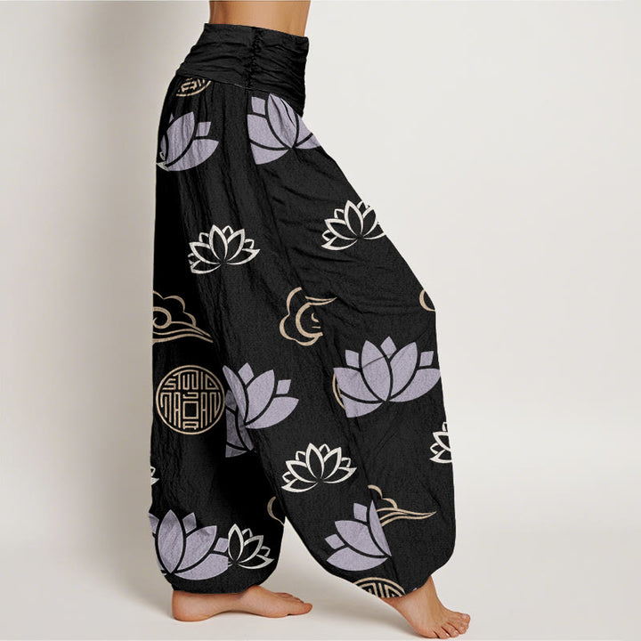 Pantalones tipo harem para mujer, de Buddha Stones , estilo informal, con estampado de flores de loto, farolillos y nubes. - image 9