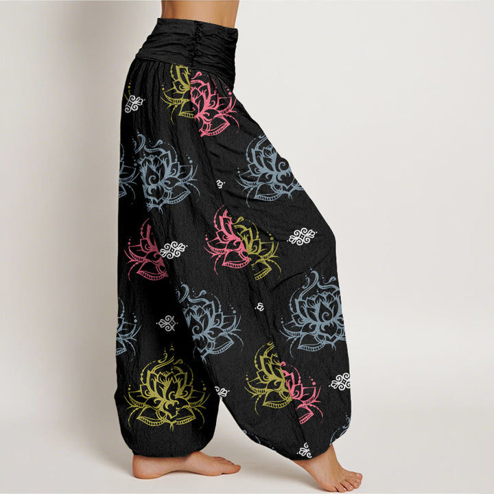 Pantalones tipo harem para mujer, de algodón, estilo casual, con estampado de flores de loto en varios colores y Buddha Stones. - image 2