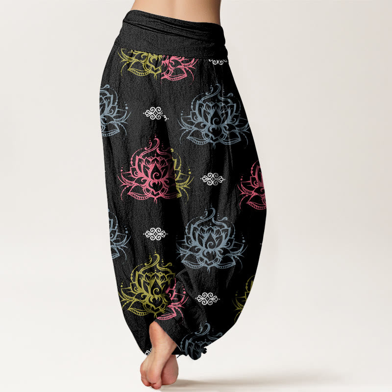 Pantalones tipo harem para mujer, de algodón, estilo casual, con estampado de flores de loto en varios colores y Buddha Stones. - image 1