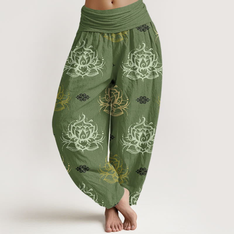Pantalones tipo harem para mujer, de algodón, estilo casual, con estampado de flores de loto en varios colores y Buddha Stones. - Verde oliva - US22，UK/AU26，EU54 (6XL) - image 4