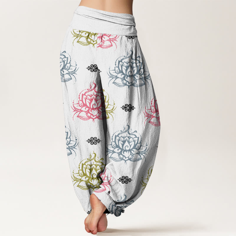 Pantalones tipo harem para mujer, de algodón, estilo casual, con estampado de flores de loto en varios colores y Buddha Stones. - image 8