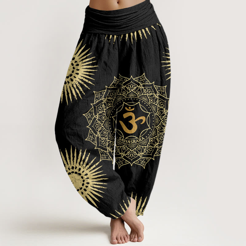 Pantalones tipo harem para mujer, de algodón, estilo casual, con estampado de mandala, símbolo Om y sol, con Buddha Stones. - Negro - US22，UK/AU26，EU54 (6XL) - image 0