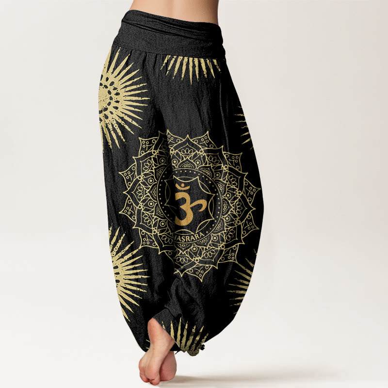 Pantalones tipo harem para mujer, de algodón, estilo casual, con estampado de mandala, símbolo Om y sol, con Buddha Stones. - image 1