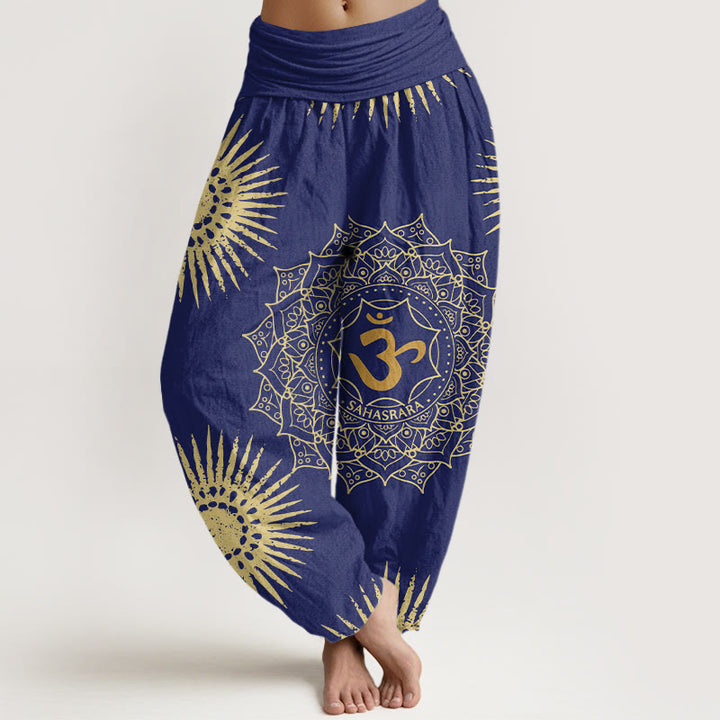 Pantalones tipo harem para mujer, de algodón, estilo casual, con estampado de mandala, símbolo Om y sol, con Buddha Stones. - Azul oscuro - US22，UK/AU26，EU54 (6XL) - image 4