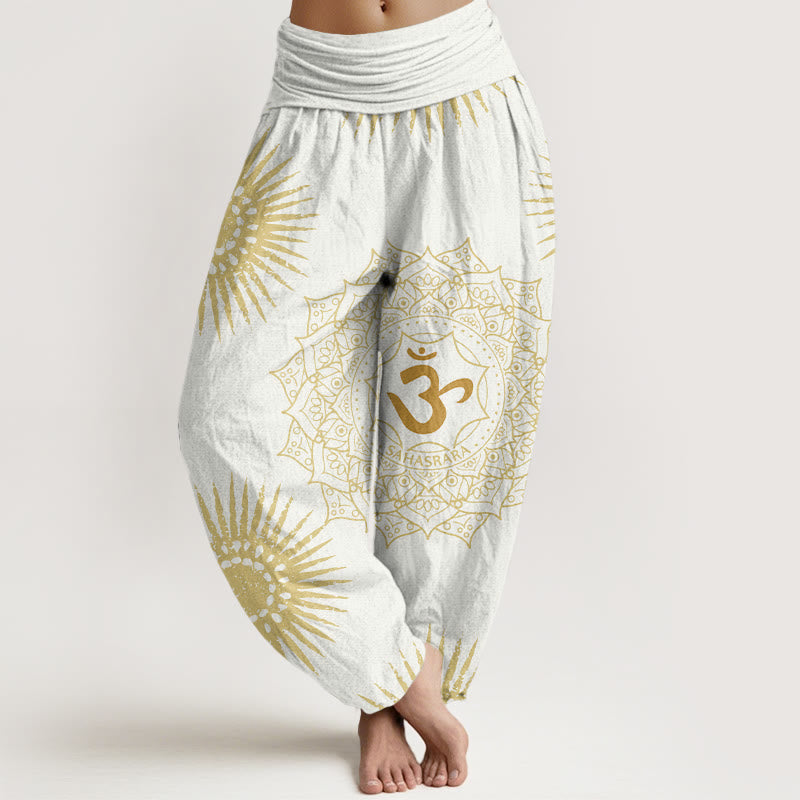 Pantalones tipo harem para mujer, de algodón, estilo casual, con estampado de mandala, símbolo Om y sol, con Buddha Stones. - Blanco - US22，UK/AU26，EU54 (6XL) - image 7