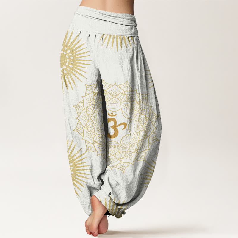 Pantalones tipo harem para mujer, de algodón, estilo casual, con estampado de mandala, símbolo Om y sol, con Buddha Stones. - image 8