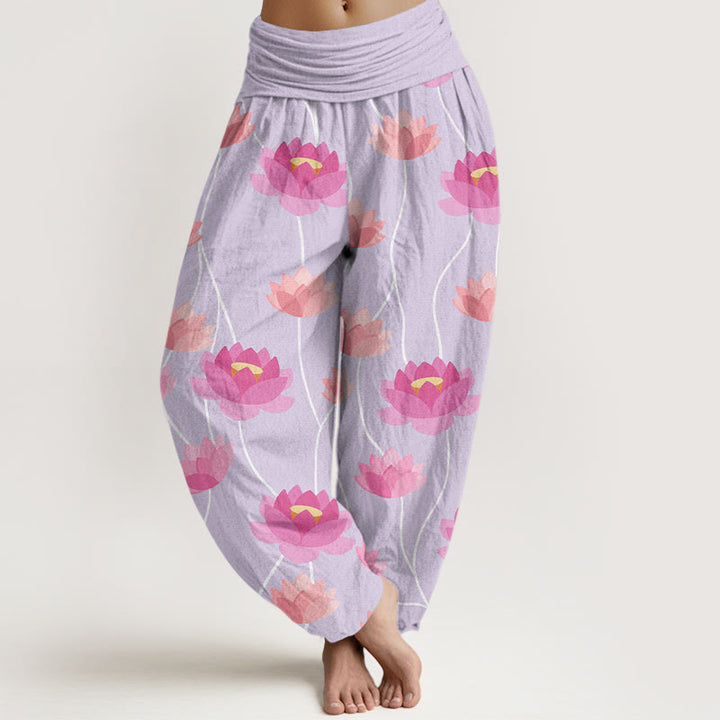 Pantalones tipo harem para mujer, de algodón, con estampado informal de flores de loto y Buddha Stones. - Lavanda - US22，UK/AU26，EU54 (6XL) - image 0