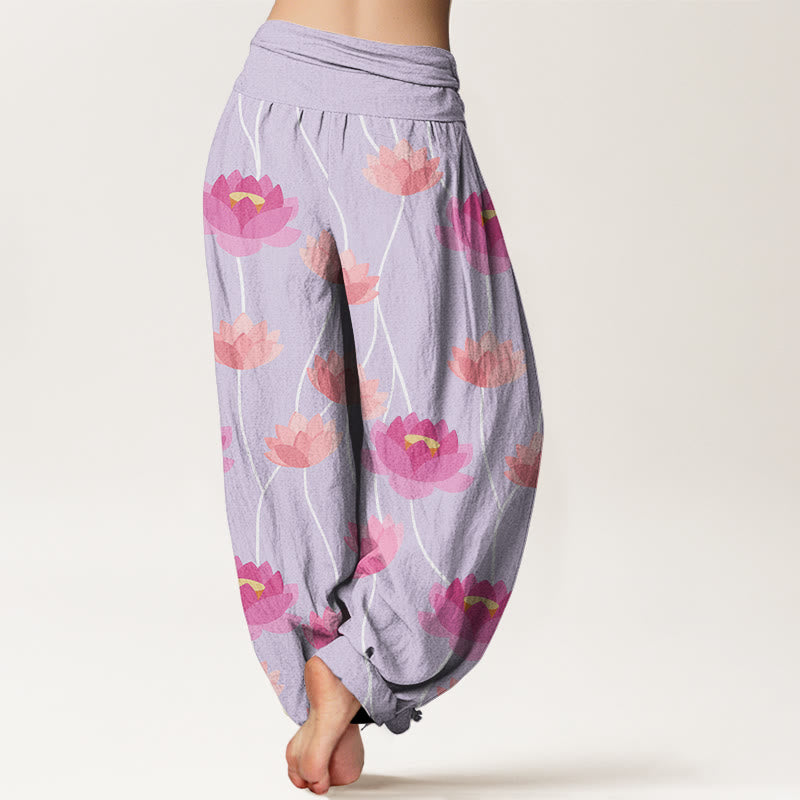 Pantalones tipo harem para mujer, de algodón, con estampado informal de flores de loto y Buddha Stones. - image 1