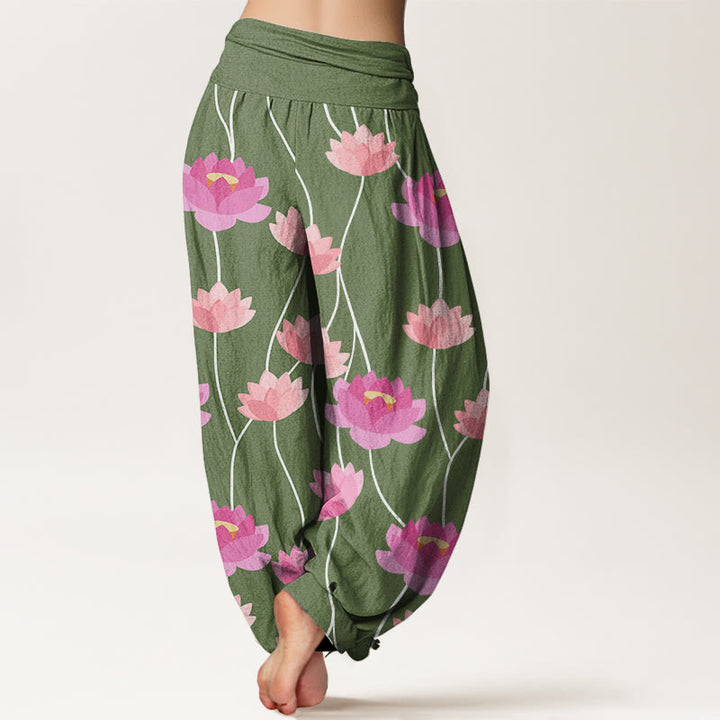 Pantalones tipo harem para mujer, de algodón, con estampado informal de flores de loto y Buddha Stones. - image 5