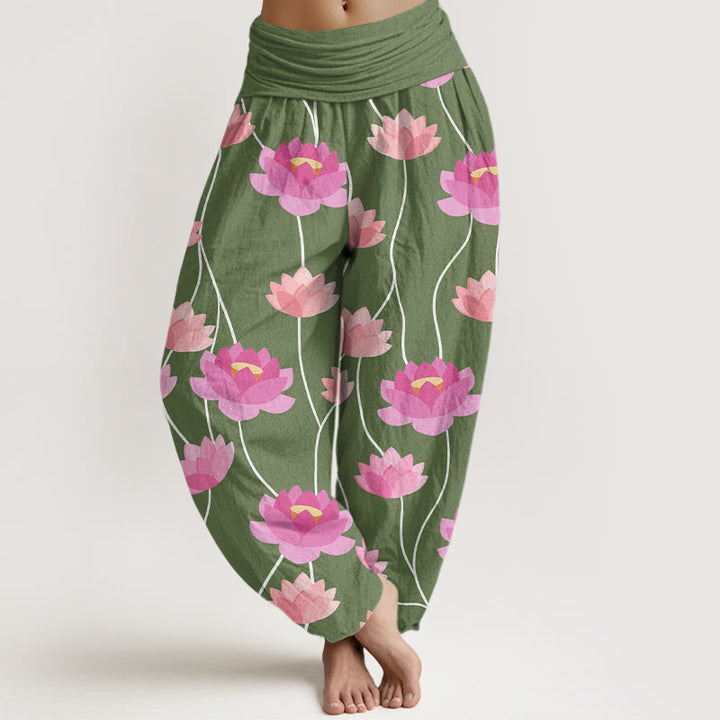 Pantalones tipo harem para mujer, de algodón, con estampado informal de flores de loto y Buddha Stones. - Verde bosque - US22，UK/AU26，EU54 (6XL) - image 4