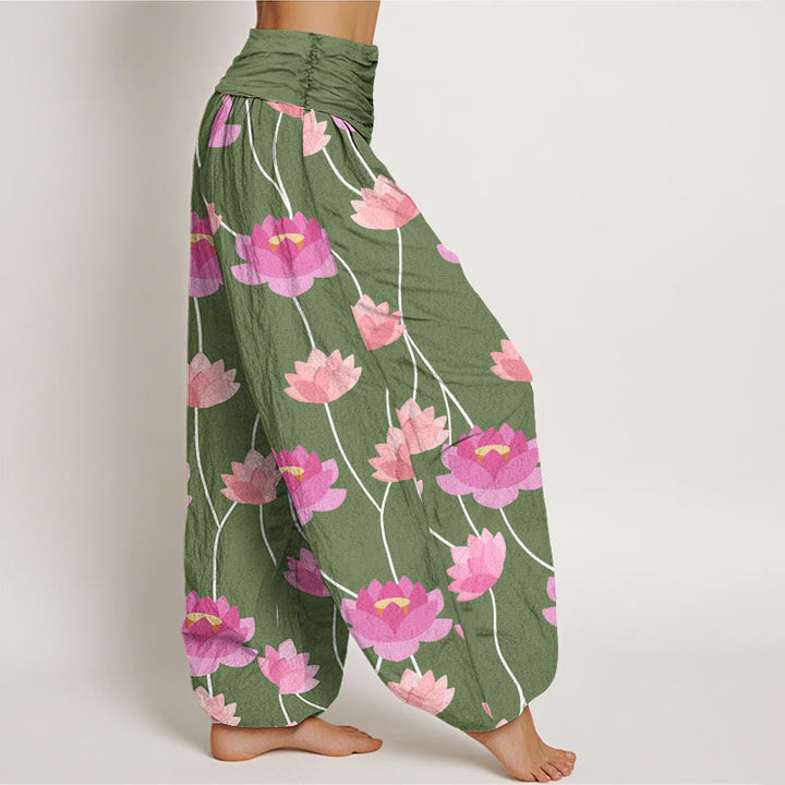 Pantalones tipo harem para mujer, de algodón, con estampado informal de flores de loto y Buddha Stones. - image 6