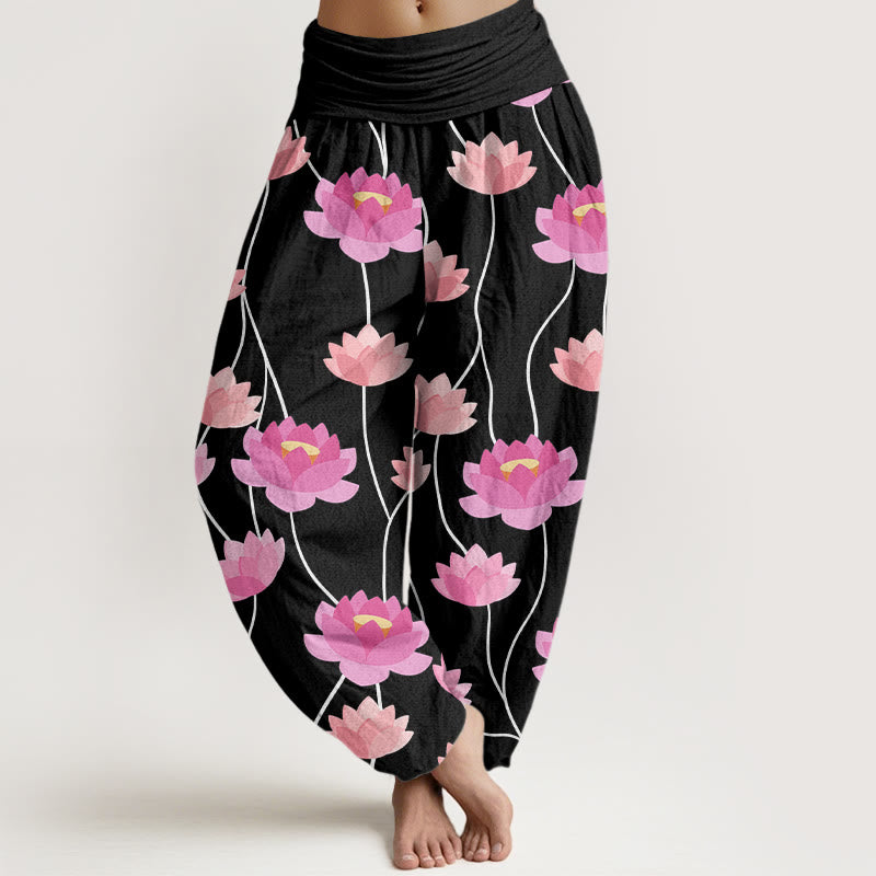 Pantalones tipo harem para mujer, de algodón, con estampado informal de flores de loto y Buddha Stones. - Negro - US22，UK/AU26，EU54 (6XL) - image 7
