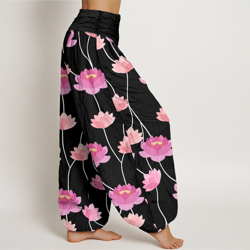 Pantalones tipo harem para mujer, de algodón, con estampado informal de flores de loto y Buddha Stones. - image 9