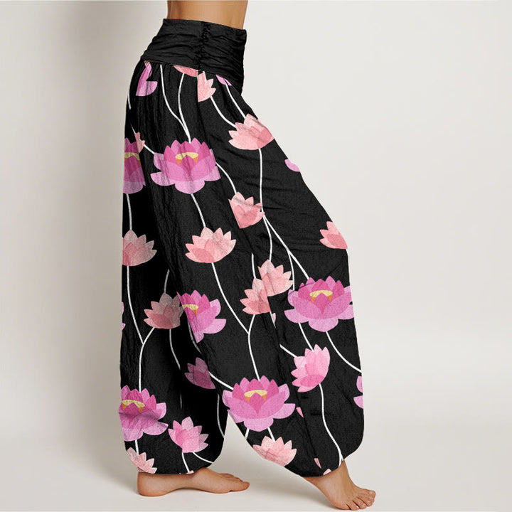 Pantalones tipo harem para mujer, de algodón, con estampado informal de flores de loto y Buddha Stones. - image 9