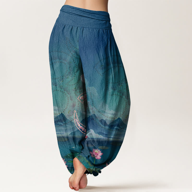 Pantalones tipo harem para mujer, de algodón, estilo informal, con estampado de Buddha Stones, flores de loto, símbolo Om, montañas y lago. - image 1