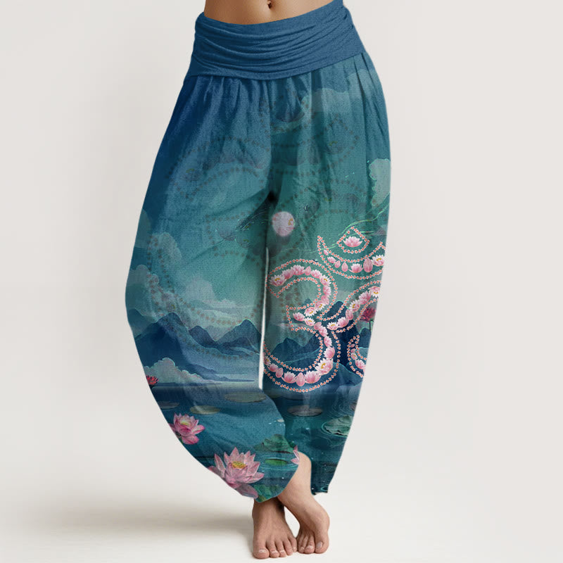 Pantalones tipo harem para mujer, de algodón, estilo informal, con estampado de Buddha Stones, flores de loto, símbolo Om, montañas y lago. - Verde azulado - US22，UK/AU26，EU54 (6XL) - image 0