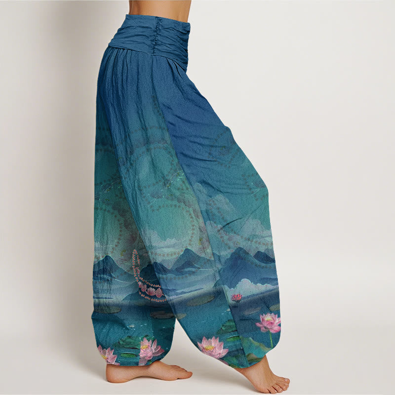 Pantalones tipo harem para mujer, de algodón, estilo informal, con estampado de Buddha Stones, flores de loto, símbolo Om, montañas y lago. - image 2