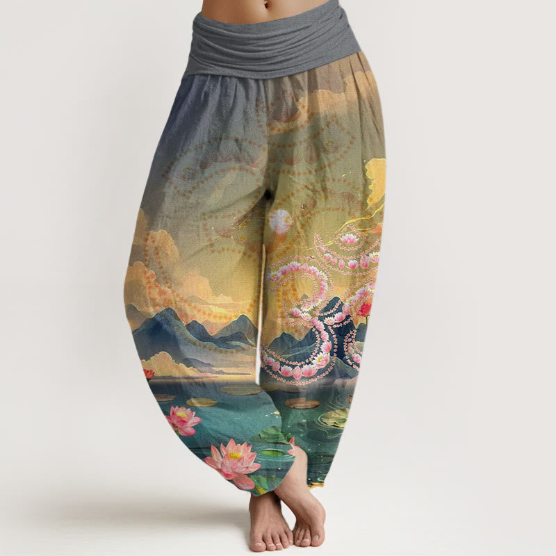 Pantalones tipo harem para mujer, de algodón, estilo informal, con estampado de Buddha Stones, flores de loto, símbolo Om, montañas y lago. - Gris - US22，UK/AU26，EU54 (6XL) - image 4