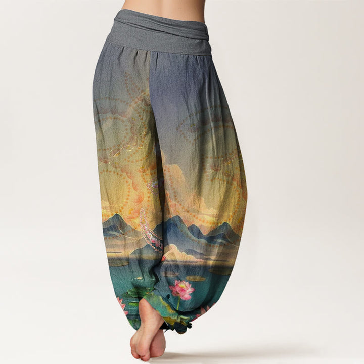 Pantalones tipo harem para mujer, de algodón, estilo informal, con estampado de Buddha Stones, flores de loto, símbolo Om, montañas y lago. - image 5