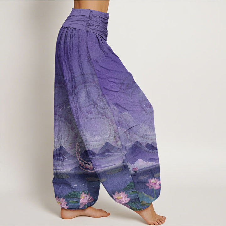 Pantalones tipo harem para mujer, de algodón, estilo informal, con estampado de Buddha Stones, flores de loto, símbolo Om, montañas y lago. - image 9