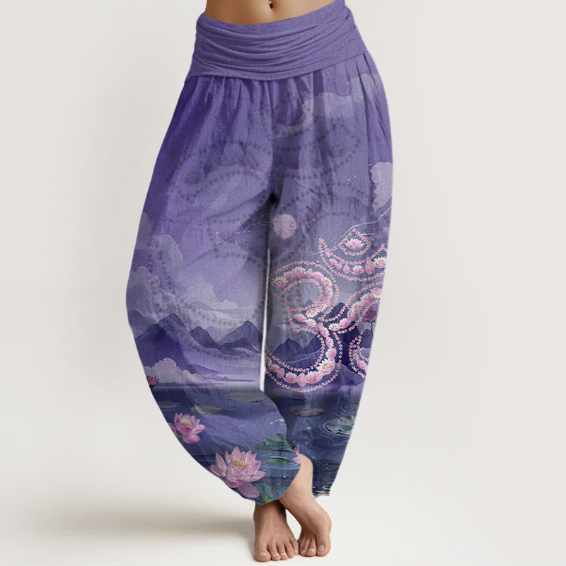 Pantalones tipo harem para mujer, de algodón, estilo informal, con estampado de Buddha Stones, flores de loto, símbolo Om, montañas y lago. - Morado medio - US22，UK/AU26，EU54 (6XL) - image 7