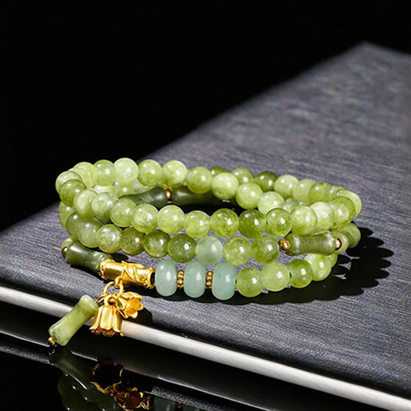 Pulsera de fuerza retro multicapa con Buddha Stones, lirio de los valles, bambú y calcedonia verde - image 2