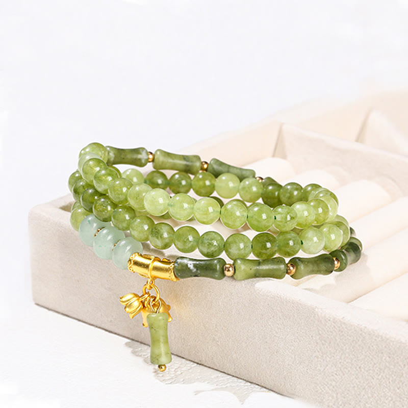 Pulsera de fuerza retro multicapa con Buddha Stones, lirio de los valles, bambú y calcedonia verde - image 10