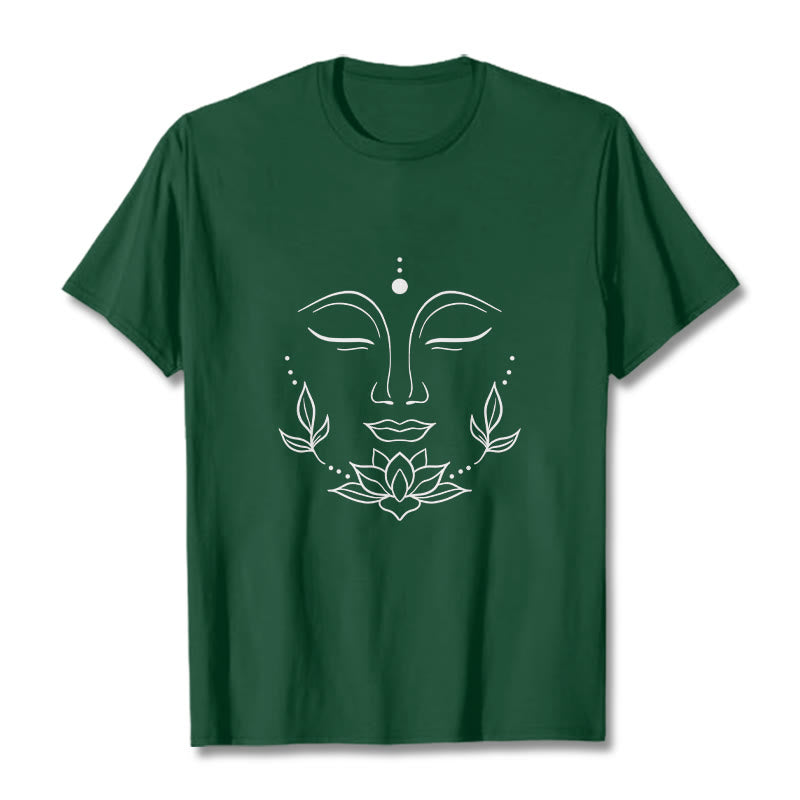 Camiseta informal con estampado de flor de loto y cara de Buda de Buddha Stones - Verde bosque - 2XL - image 11