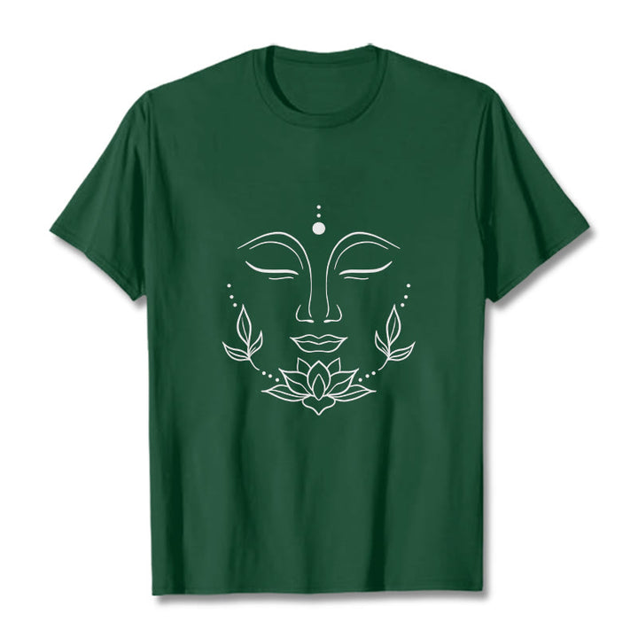 Camiseta informal con estampado de flor de loto y cara de Buda de Buddha Stones - Verde bosque - 2XL - image 11