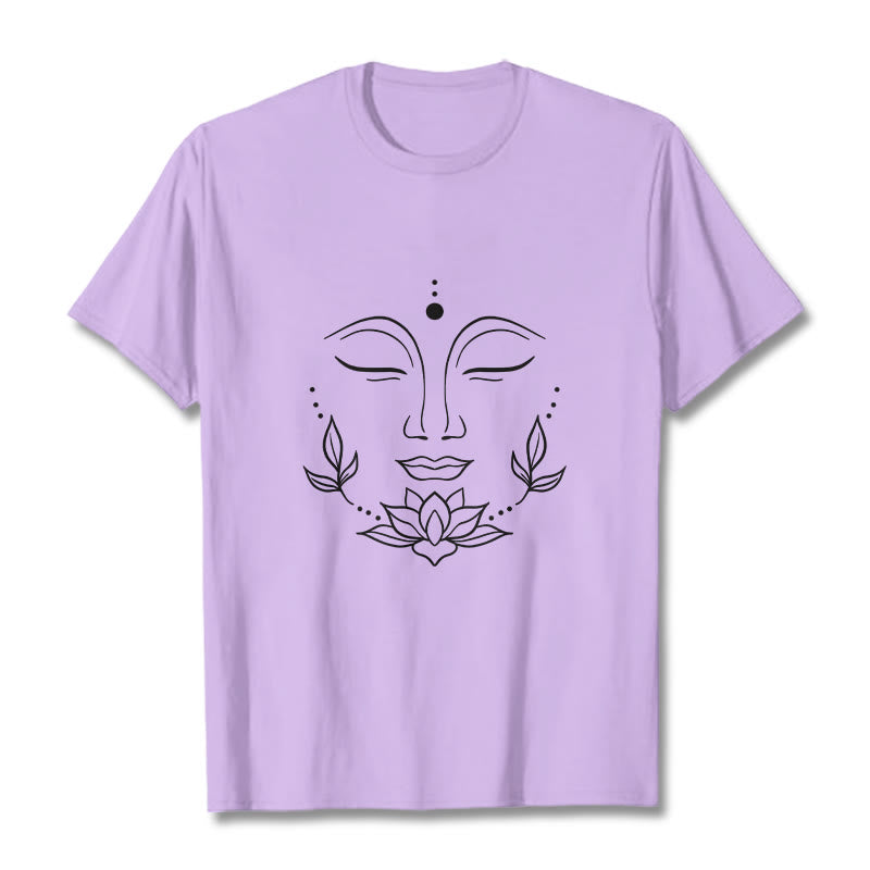 Camiseta informal con estampado de flor de loto y cara de Buda de Buddha Stones - Ciruela - 2XL - image 17