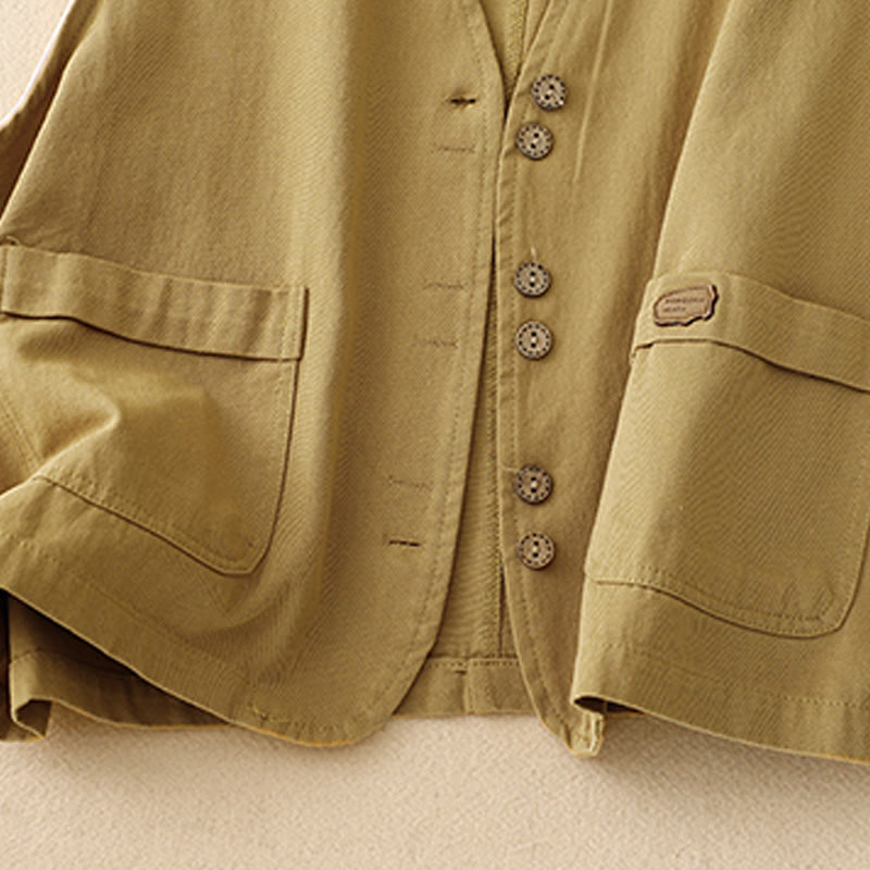 Chaleco de algodón sin mangas para mujer con bolsillos y botones delanteros de color liso con Buddha Stones - image 7