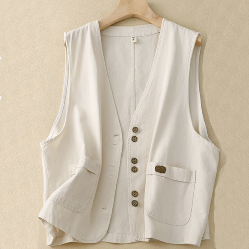 Chaleco de algodón sin mangas para mujer con bolsillos y botones delanteros de color liso con Buddha Stones - Beige - US8-10，UK/AU12-14，EU40-42 (2XL) - image 14