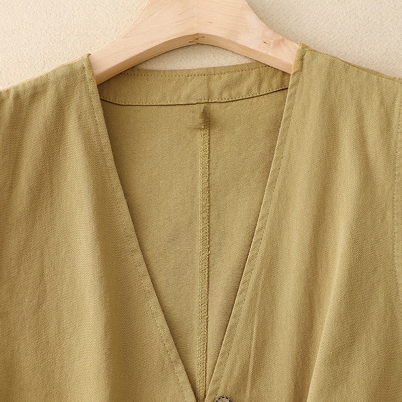 Chaleco de algodón sin mangas para mujer con bolsillos y botones delanteros de color liso con Buddha Stones - image 1