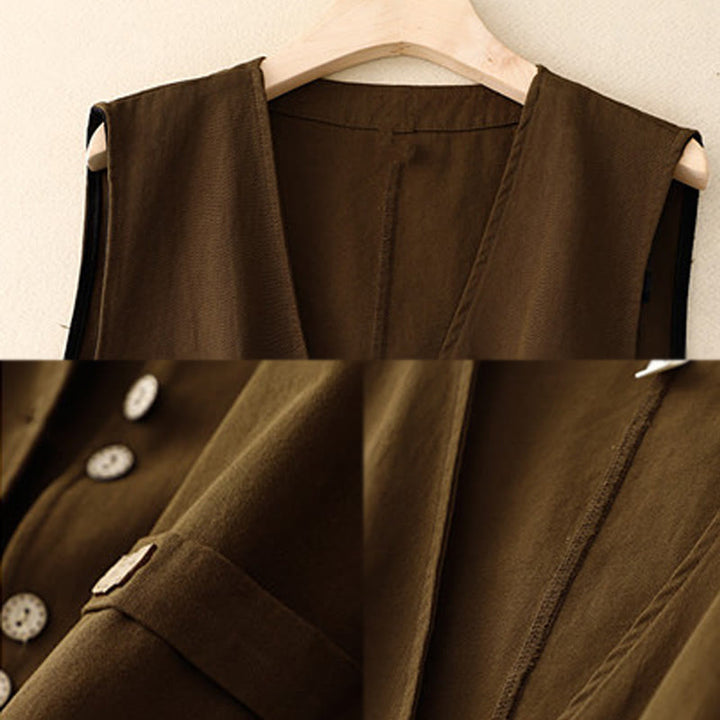 Chaleco de algodón sin mangas para mujer con bolsillos y botones delanteros de color liso con Buddha Stones - image 11